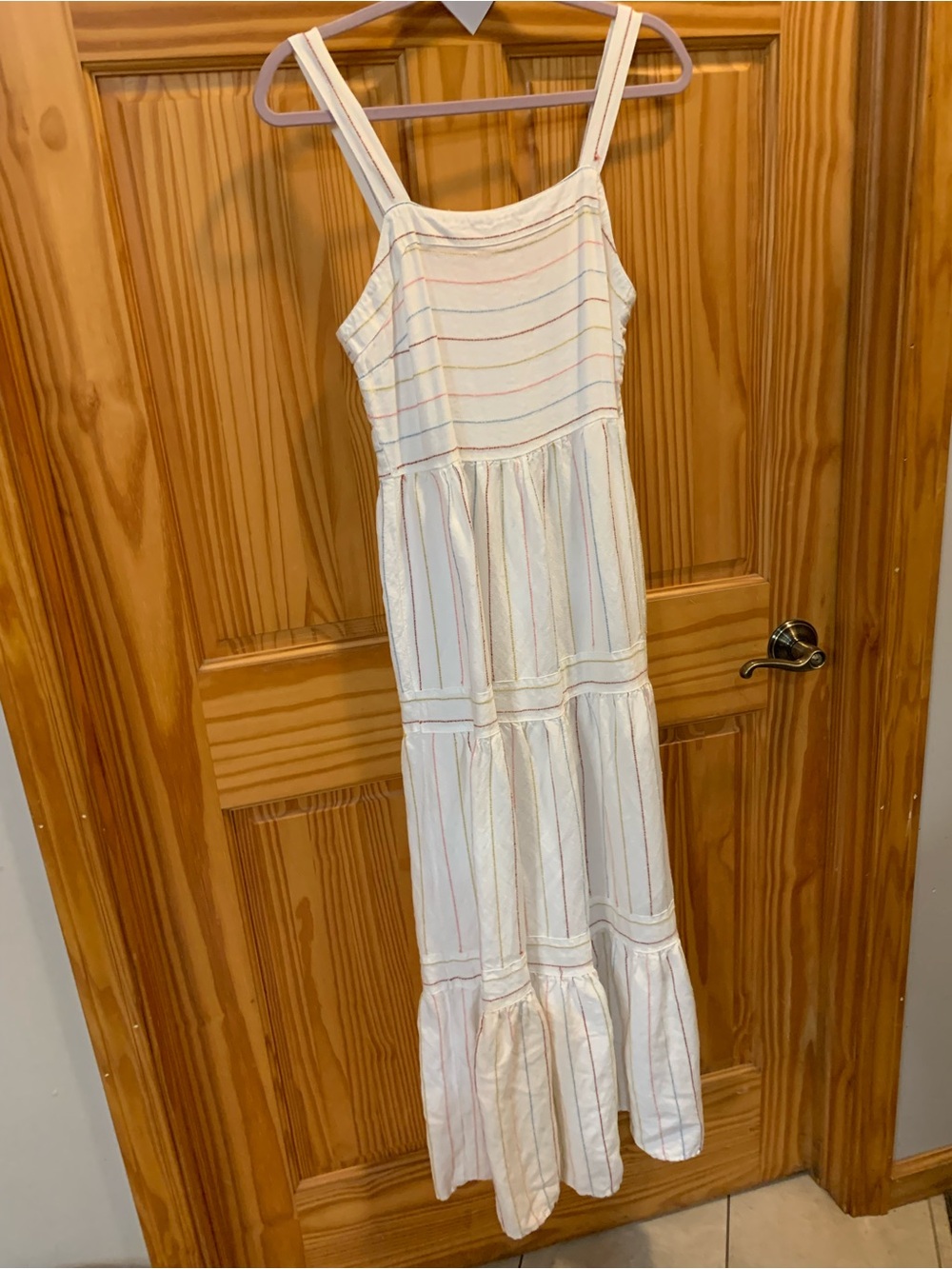 LOFT White Maxi Sundress with Pastel Stripes and Thin Straps